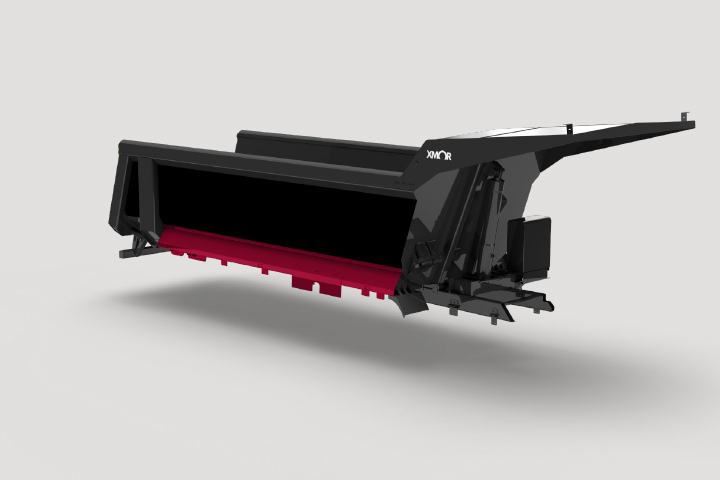 A 3D rendering of an XMOR® tipper body showing the side skirts
