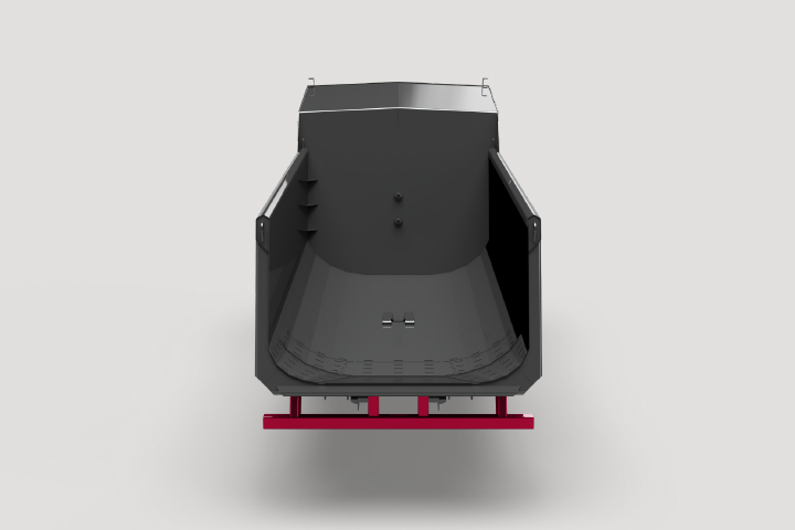 A 3D rendering of an XMOR® tipper body showing the rear underrun protection device (RUPD)