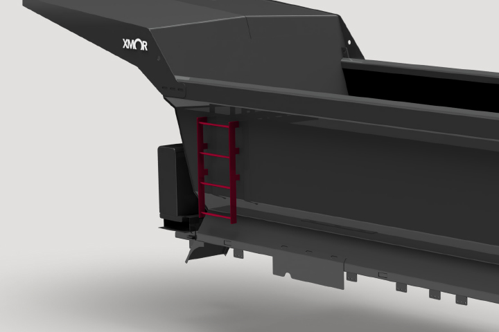A 3D rendering of an XMOR® tipper body showing the access ladder