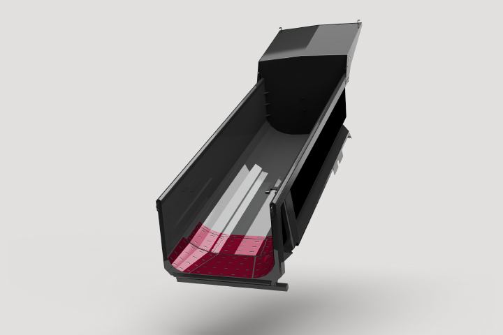 A 3D rendering of an XMOR® tipper body showing floor and side liner plates
