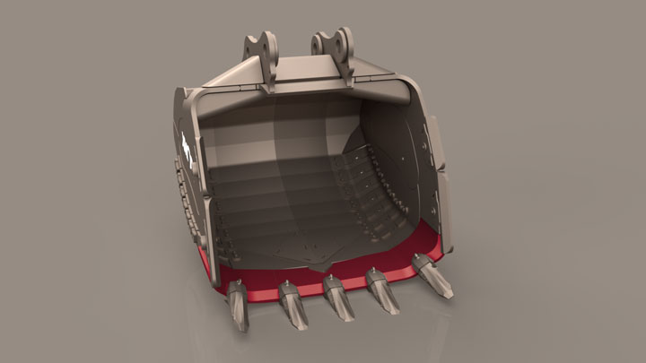 Bucket with curved cutting edge